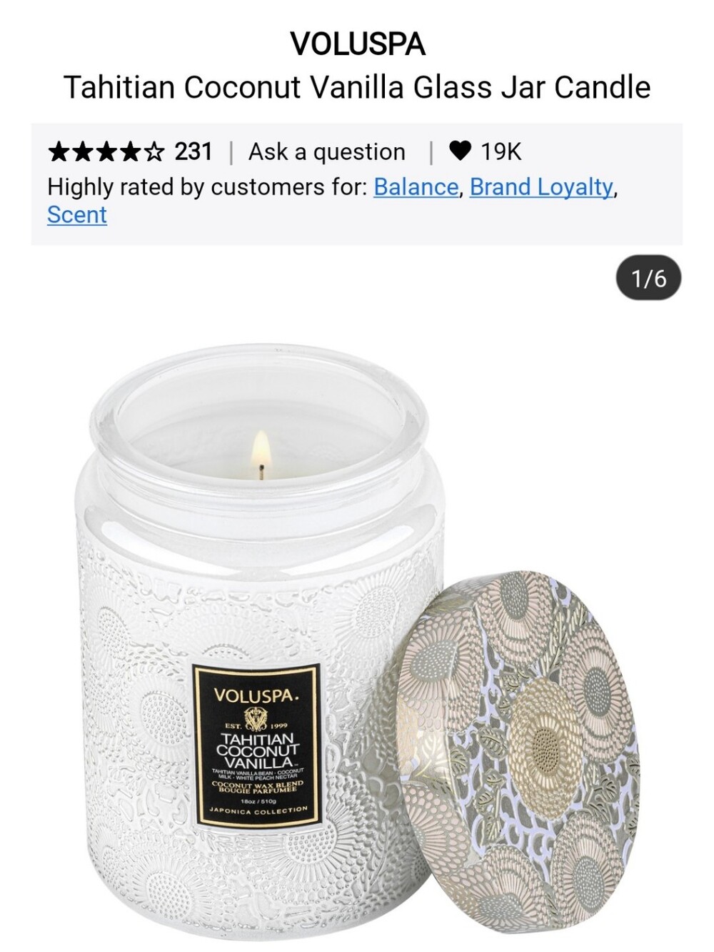 NWT VOLUSPA TAHITIAN COCONUT VANILLA GLASS JAR CANDLE
